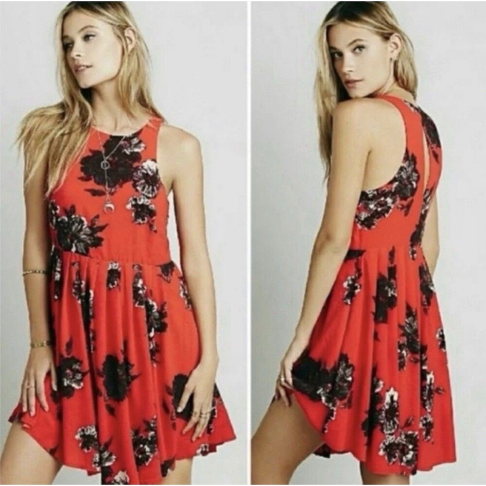Free People Flutterby Dress 10 Red Floral High Cut Shoulders Keyhole Back Pocket